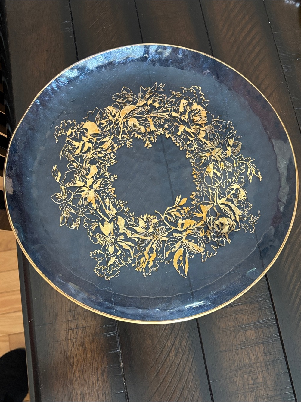 Vintage Cobalt Blue Glass Decorative Plate with Gold Floral Wreath
